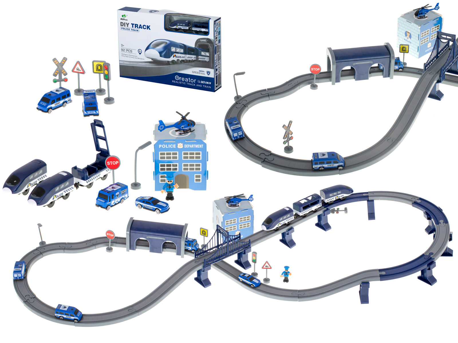 Pista tren si vagoane electrice de politie pentru copii, Zola®, masinuta, autobuz, figurina, 92 piese, 300 cm Pista tren si vagoane electrice de politie pentru copii, Zola®, masinuta, autobuz, figurina, 92 piese, 300 cm